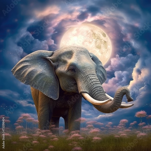  Majestic Elephant by the Shore: Moonlit Sky and Water Backdrop