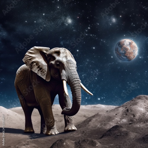  Majestic Elephant by the Shore: Moonlit Sky and Water Backdrop