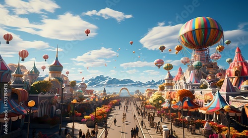 A top view of a vibrant rainbow stretching over a lively carnival, with fluffy clouds and colorful rides, evoking a sense of excitement and joy in the festive atmosphere