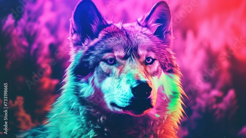 Fantasy vaporwave portrait of retrowave wolf. Pink and blue colors.