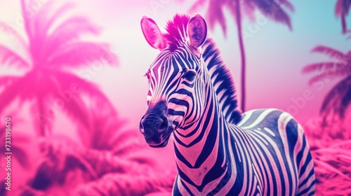 Fantasy vaporwave portrait of retrowave zebra. Pink and blue colors.