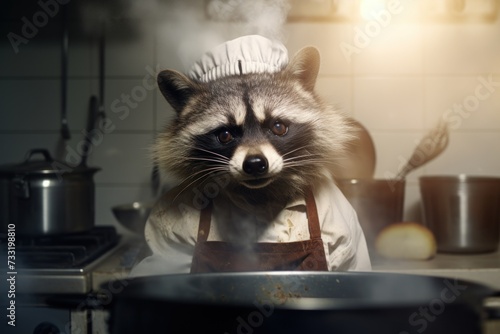 Raccoon as a chef cook in a restaurant kitchen.