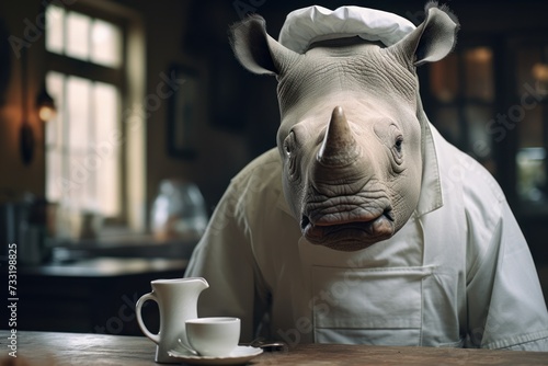 Rhinoceros as a chef cook in a restaurant kitchen.