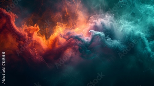 Dynamic wisps of radiant crimson, luminous teal, and cosmic indigo smoke colliding in a lively dance on a deep forest green background, forming a vibrant and energetic abstract spectacle. 