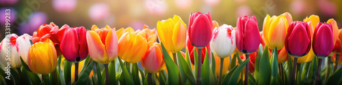 Bright tulips in a row bring a burst of color to the garden