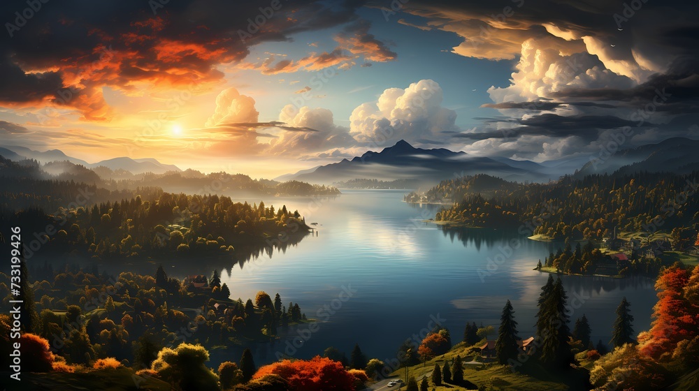 A top view of a vibrant rainbow arcing over a serene lake, with fluffy clouds and surrounding forests, creating a picturesque and serene natural setting