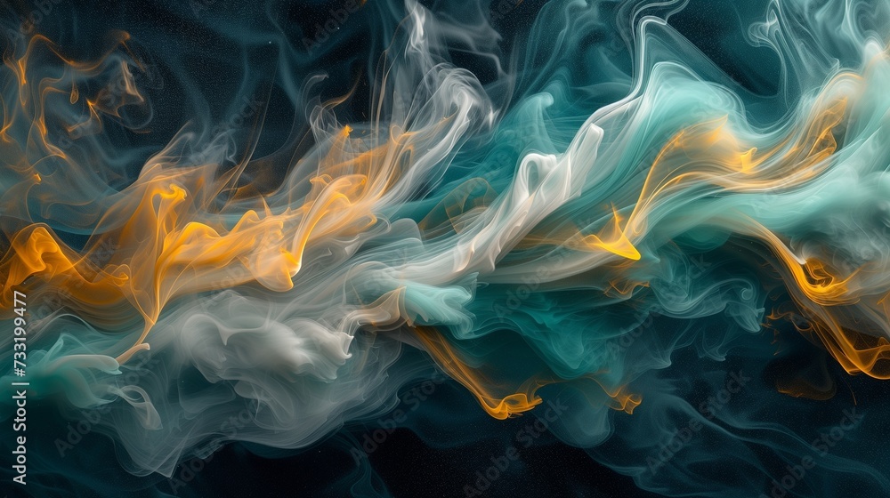 Ethereal tendrils of cerulean, emerald, and goldenrod smoke gracefully dancing against a solid ebony backdrop, creating a captivating abstract display.  - obrazy, fototapety, plakaty 