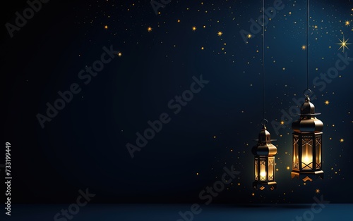 eid al fitr greeting with lanterns on dark blue background, Generative AI