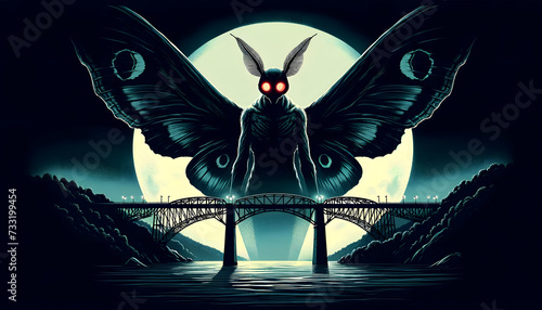 illustration of the mythological creature, Mothman, set against the backdrop of the Point Pleasant bridge at night