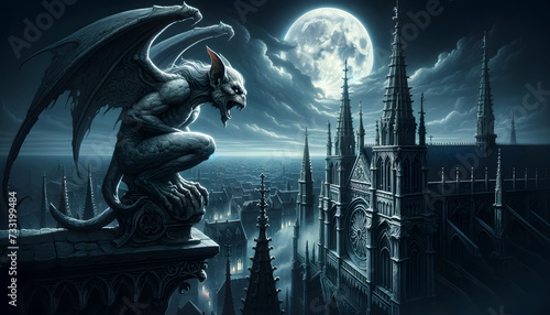 illustration of mythological gargoyles perched atop a Gothic cathedral during a moonlit night photo