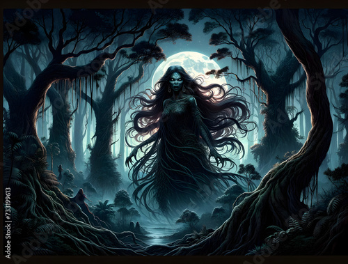 illustration of the mythological creature  the Pontianak  in a haunting Southeast Asian jungle at night