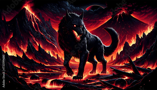 illustration of the mythological creature, the Hellhound, in a dark and fiery landscape