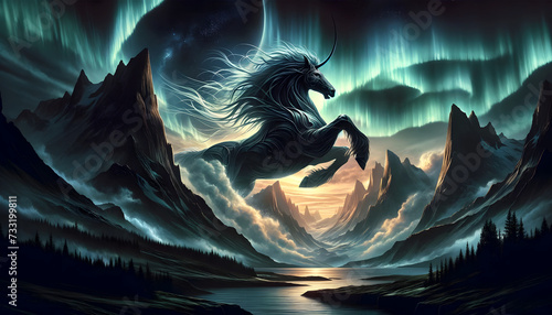 illustration of the mythological creature, Sleipnir, in a dramatic Norse landscape photo