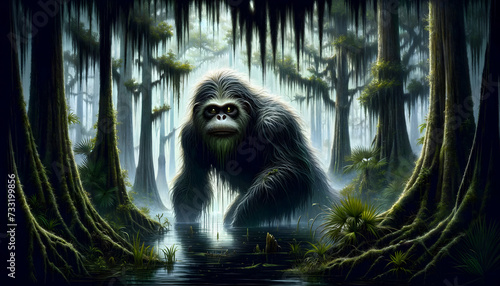 illustration of the mythological creature, the Skunk Ape, in a dense and misty swamp setting