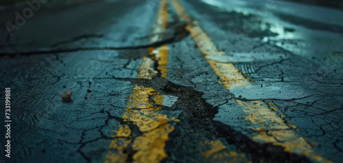 Cracked Asphalt Road Texture. Close-up of a cracks on city street road. Road repairs, accident hazards. photo