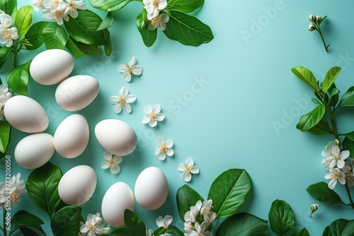 Easter eggs, flower, and leaves on a blue background