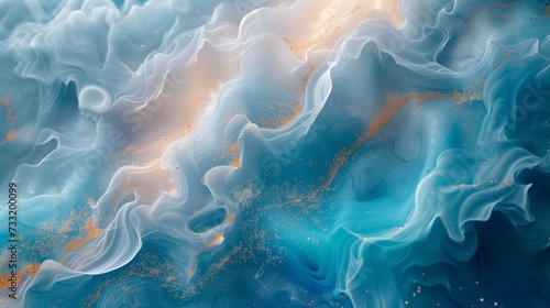 Glistening pools of liquid silver, ethereal turquoise, and rose quartz smoke converging in a seamless dance on a deep sapphire surface, forming a serene and enchanting abstract landscape. 