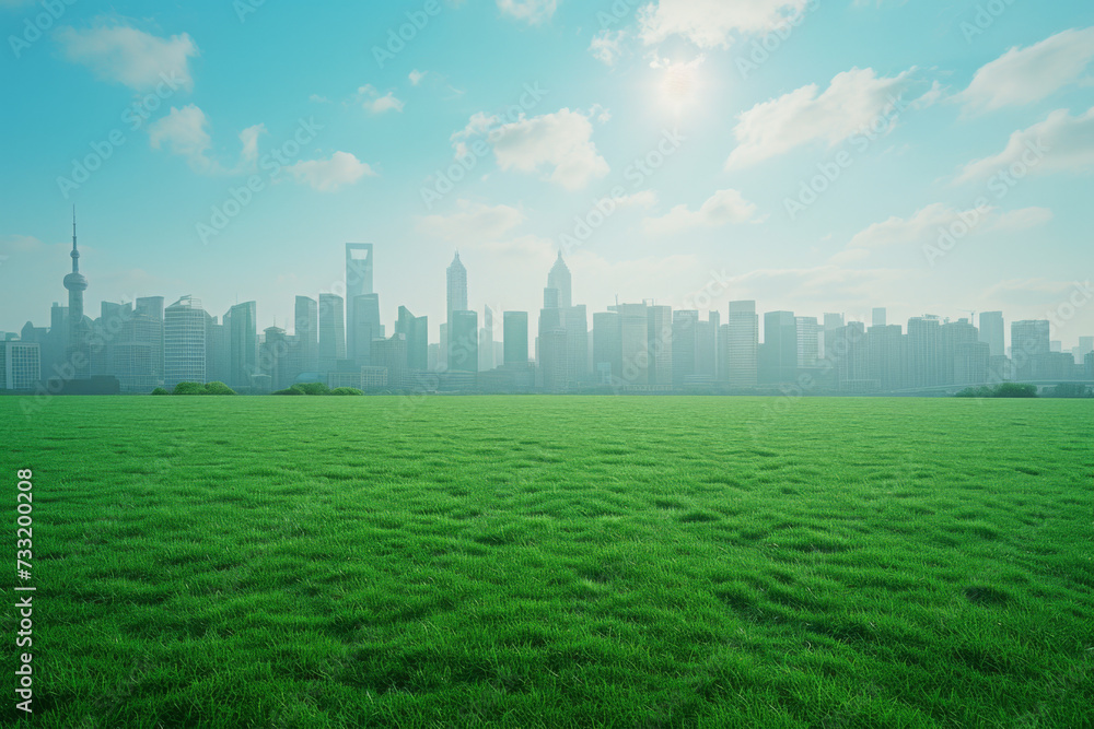 A green lawn with the skyline of shanghai in the background.