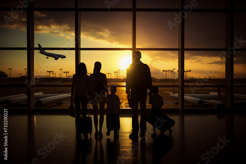 Silhouettes of a young family filled with excitement at the airport while traveling