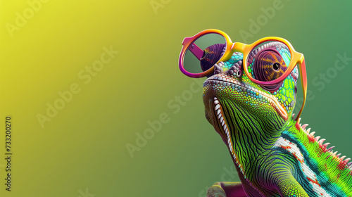 Colorful Chameleon with Sunglasses Posing, Conceptual Art of Adaptation and Fashion photo