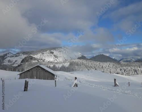 vue sur les montagnes enneigées lors d'une randonnée en hiver. vallée de Bellevaux située dans les Alpes en Haute-Savoie