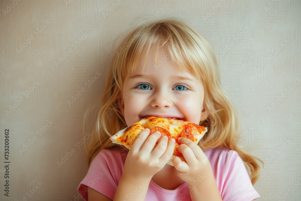 a happy girl eating pizza isolated on pastel orange background