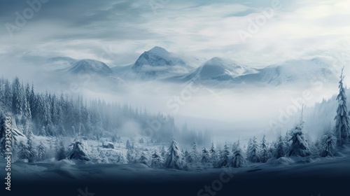 Panorama of the foggy winter landscape in the mountains. copy space for text. © Naknakhone