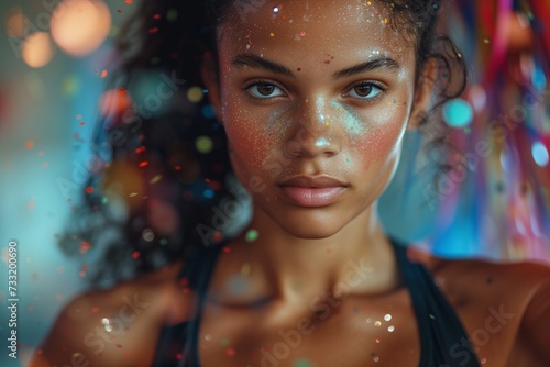 Close-up of a confident, beautiful young athlete woman with colorful face paint in a vibrant, celebratory setting.