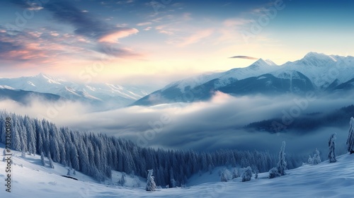 Panorama of the foggy winter landscape in the mountains. copy space for text.