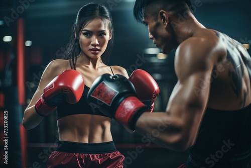 Close-up of Asian sport woman training in kickboxing with a coach