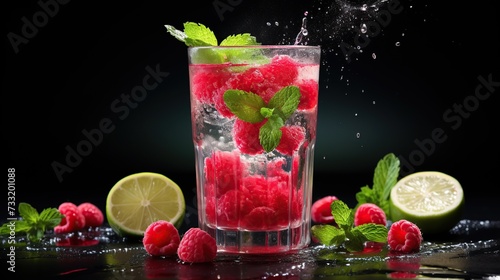 Raspberry mojito cocktail with lime  mint and ice  cold  iced refreshing drink or beverage. copy space for text.