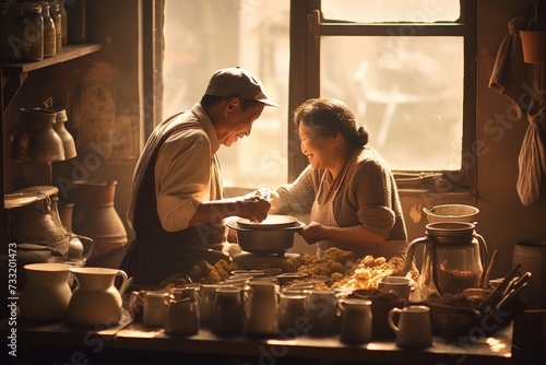Elderly couple joyfully baking a pie together in cozy kitchen on sunny summer morning