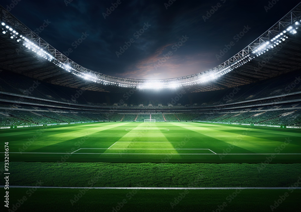 Fototapeta premium Football field illuminated by stadium lights, contrast, good light, Generative AI