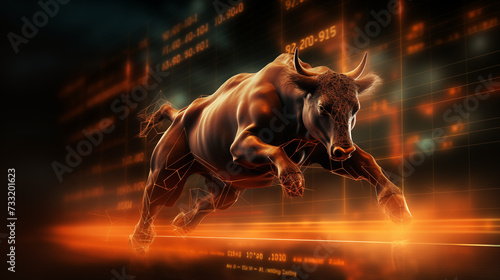 The jumping bull represents the stock market and crypto. What is trending is a 3D image with a stock graph in the background. © Worklike