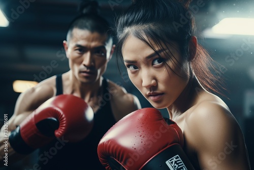 Close-up of Asian sport woman training in kickboxing with a coach © leriostereo