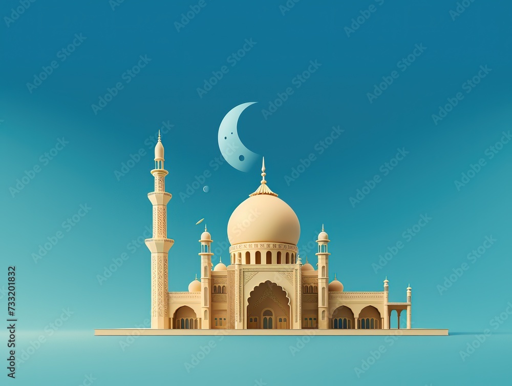 half moon and islamic mosque on a blue background, Generative AI