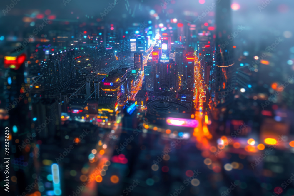 A blurry image of a city at night with lights.