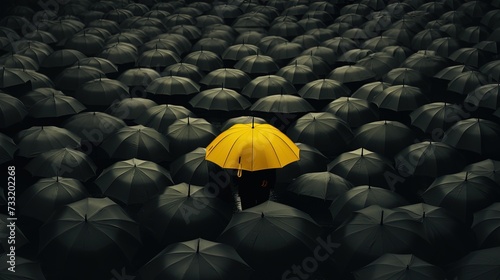 A yellow umbrella among a crowd of black umbrellas - Concept of success, of being special as a leader, with its own identity, having a difference, new ideas and special skills among the others. photo