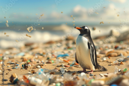 Penguin on the beach with garbage  Plastic waste  Environmental pollution. Pollution of the ocean and coast