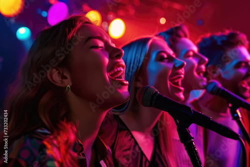 three people singing at a disco show