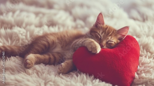 Kitten sleeping on the heart-shaped pillow, cozy Valentine's day card idea, lazy and chilled Valentine, copy space