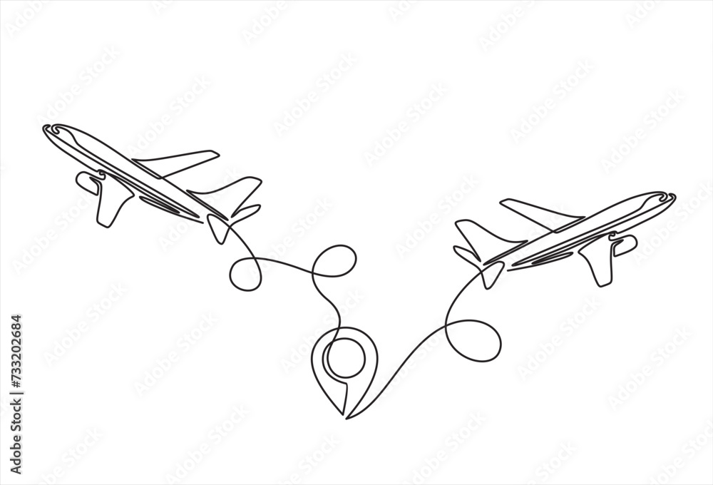 Continuous line drawing of aircraft flight routes and airport ...