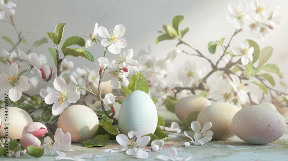 Pastel Easter eggs and spring apple blossoms decoration Pastel Easter eggs and spring apple blossoms decoration