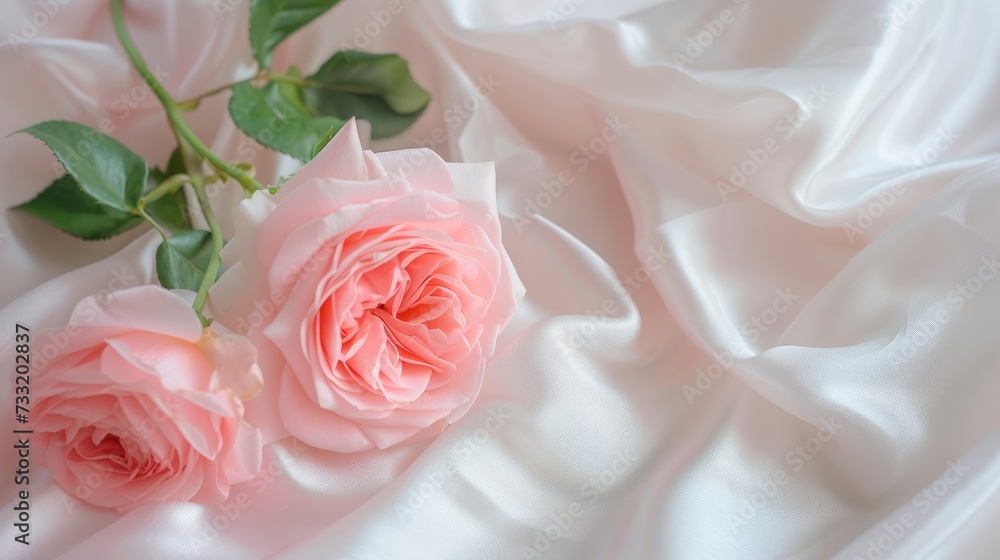 Pink roses on soft silk background with copy space, for Women's Day, Mother's Day, Valentine's Day, Wedding concept. Copy space