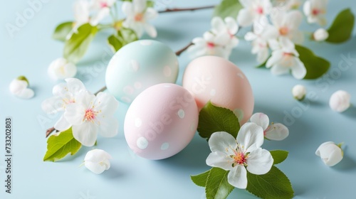 Pastel Easter eggs and spring apple blossoms decoration