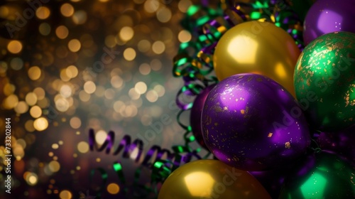 Purple  green and gold balloons with bokeh light background. Mardi gras carnival decoration