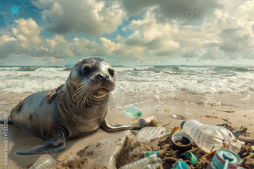 Seal on the beach with garbage, Plastic waste, Environmental pollution. Pollution of the ocean and coast