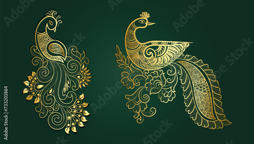 Golden Peacock and flower hand drawn design