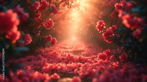 Słońce świeci przez drzewa i kwiaty photo