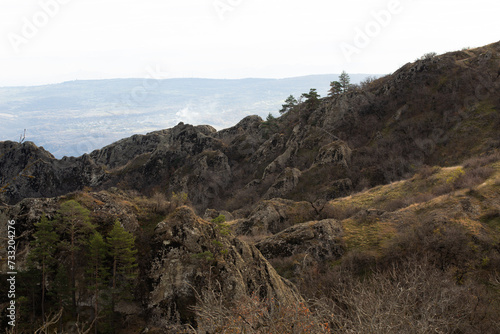 Landscape of mountains in Birtvisi, Georgia. Amazing view of the Caucasus land. Landscape of a mountainous area with rocks and cliffs on an autumn day. Autumn landscape of Birtvisi canyon, Kvemo Kartl